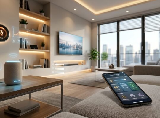Smart home living room with smart speaker, thermostat, smart lighting, and smartphone controlling connected devices in a modern automated home setup.