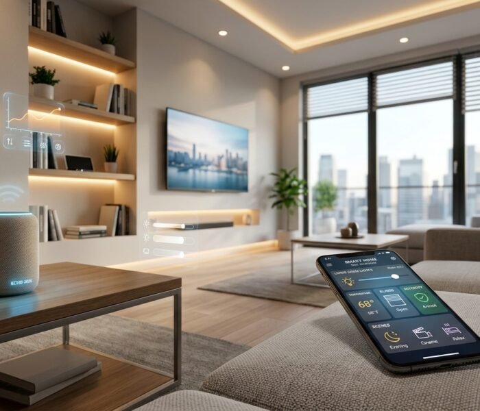Smart home living room with smart speaker, thermostat, smart lighting, and smartphone controlling connected devices in a modern automated home setup.