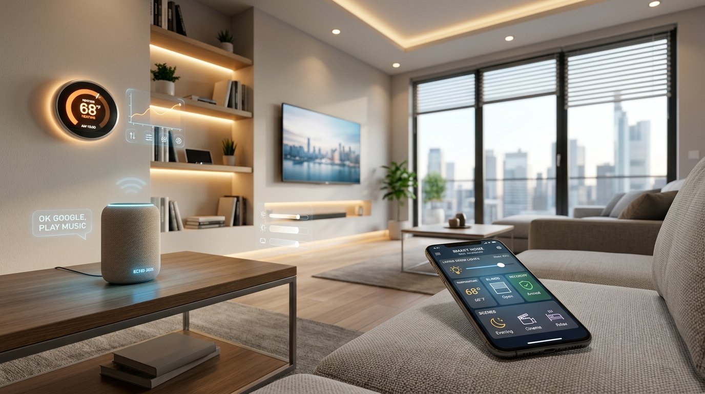 Smart home living room with smart speaker, thermostat, smart lighting, and smartphone controlling connected devices in a modern automated home setup.