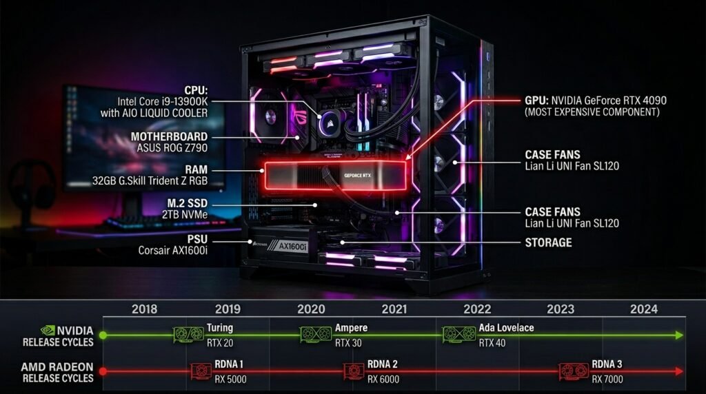 Gaming PC components diagram showing GPU CPU and best time to buy gaming computer 2026