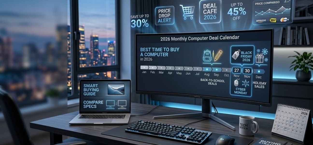 Modern computer shopping setup with 2026 deal calendar and computer buying guide visuals.