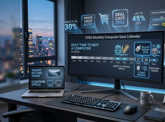 Modern computer shopping setup with 2026 deal calendar and computer buying guide visuals.