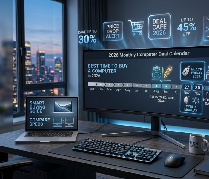 Modern computer shopping setup with 2026 deal calendar and computer buying guide visuals.