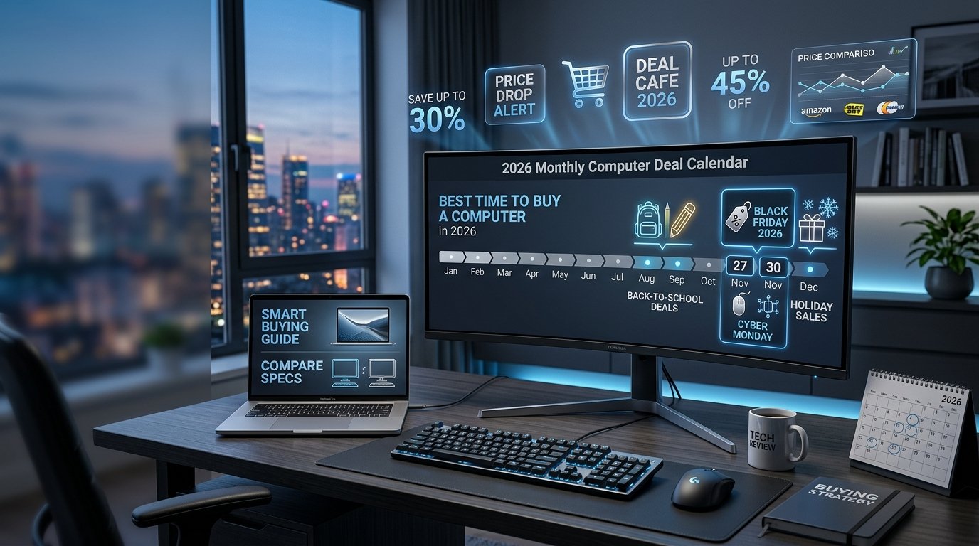 Modern computer shopping setup with 2026 deal calendar and computer buying guide visuals.