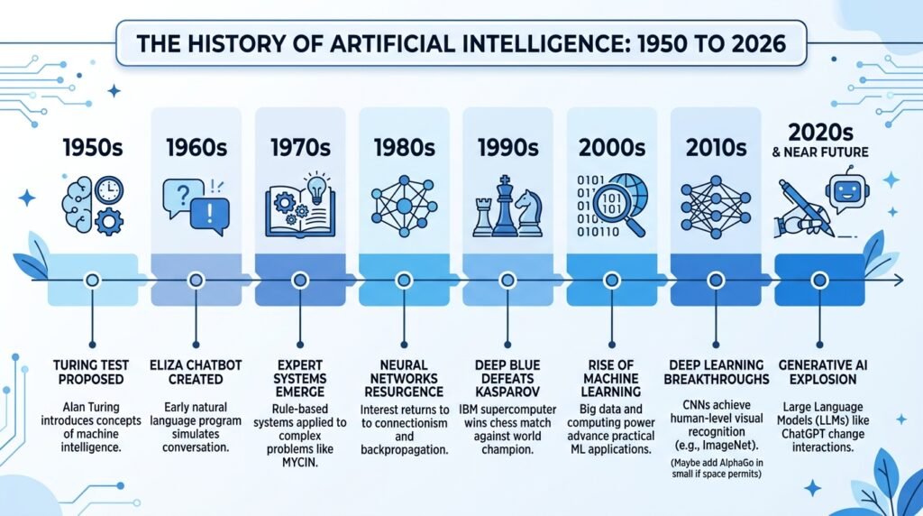 history of artificial intelligence timeline 1950 to 2026