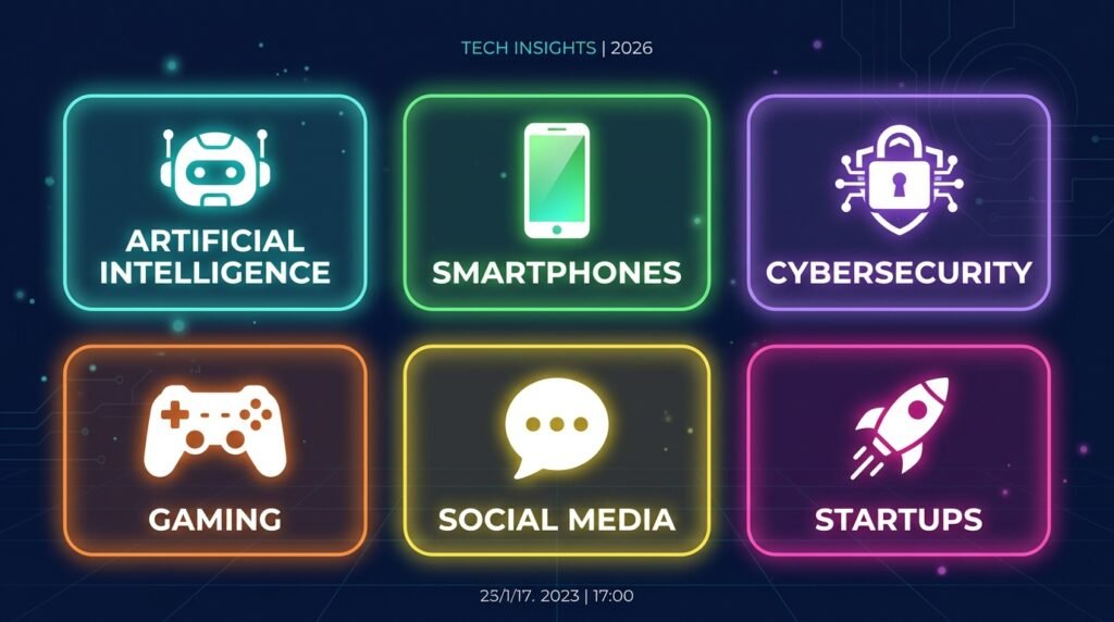  Technology news categories illustration showing AI, smartphones, cybersecurity, gaming, social media, and startups
