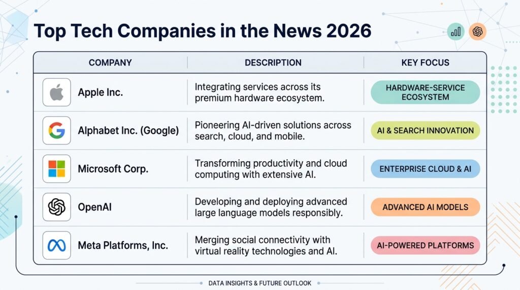 Top tech companies in the news 2026 comparison table showing Apple, Google, Microsoft, OpenAI, and Meta

