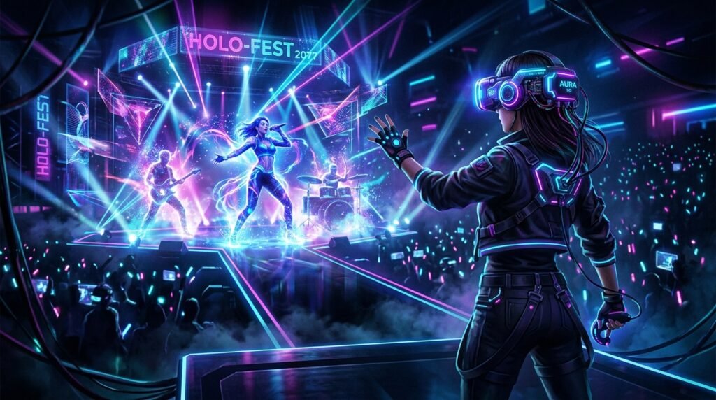 Person in VR headset experiencing a virtual reality entertainment concert, representing the future of immersive entertainment