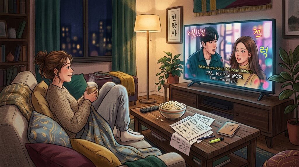 Person watching foreign language TV show at home while taking language learning notes
