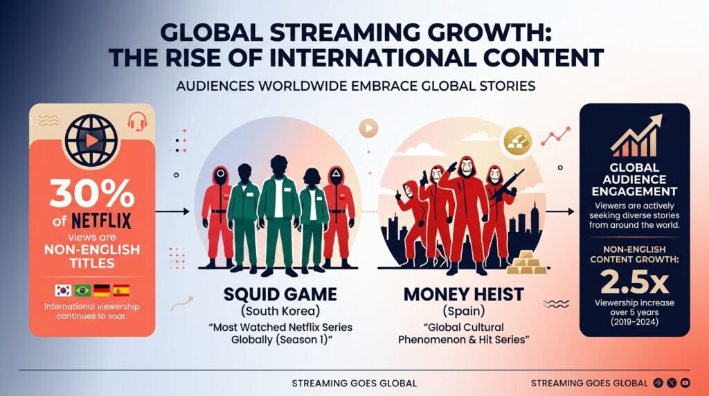 Infographic showing growth of foreign language content on Netflix and global streaming platforms
