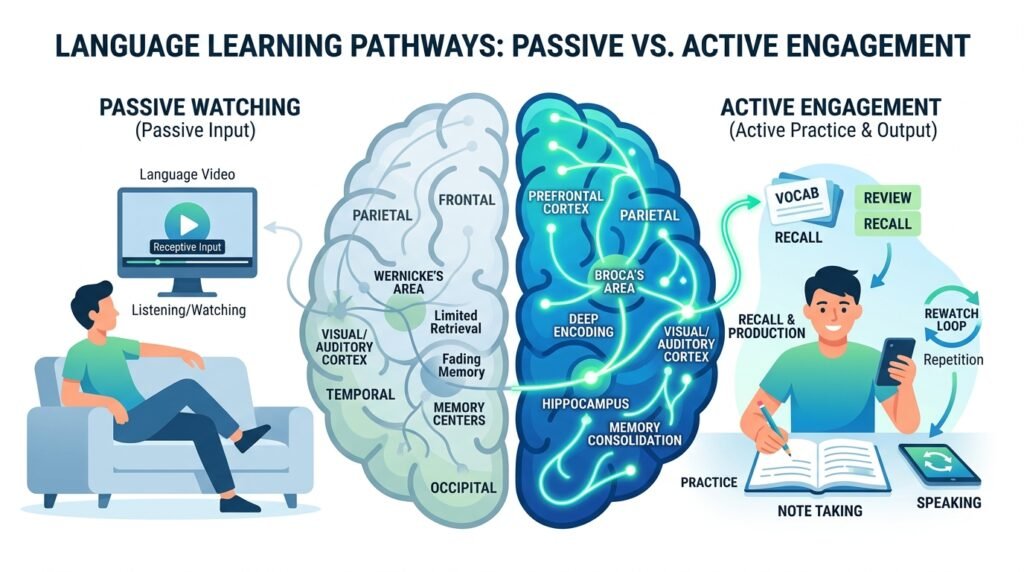 Diagram comparing passive vs active language learning through foreign TV shows

