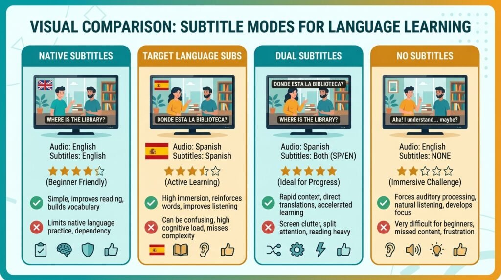 Comparison infographic of different subtitle strategies for language learning beginners
