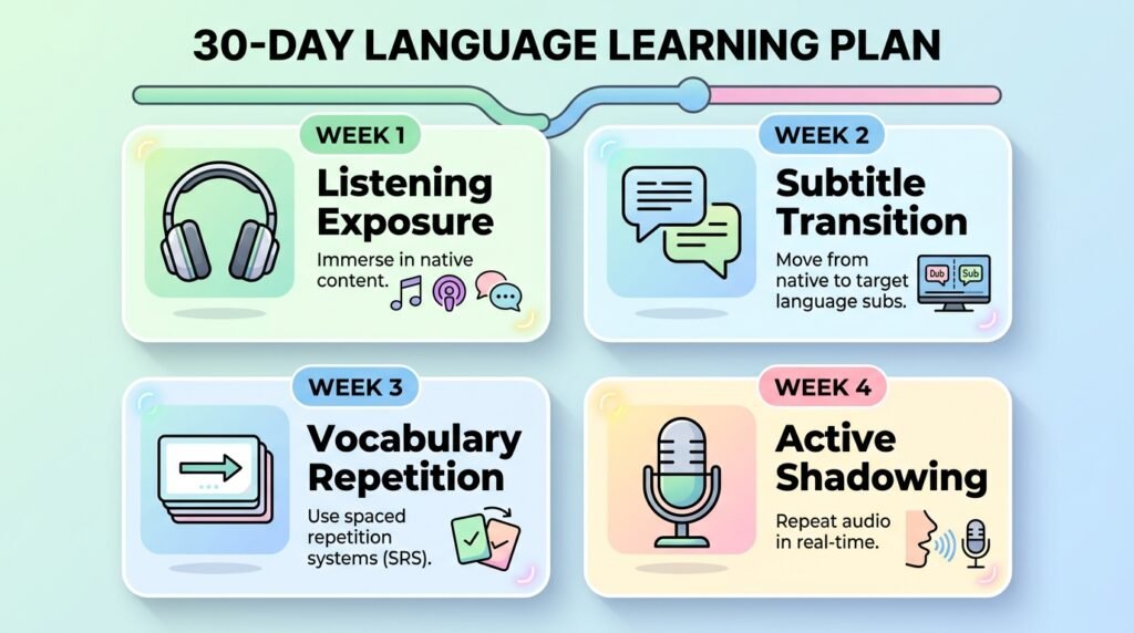 30-day beginner plan for learning a language through TV shows and movies
