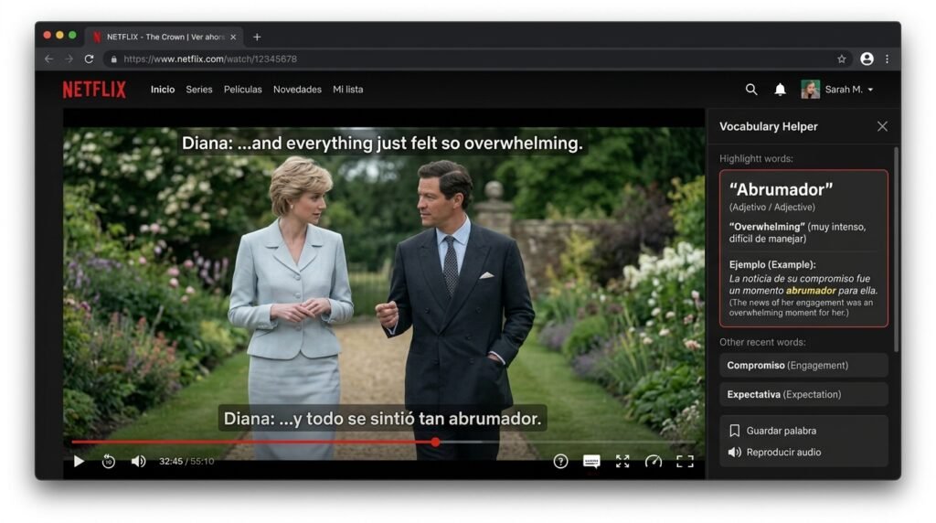 Language Reactor dual subtitle interface showing Spanish and English subtitles on Netflix
