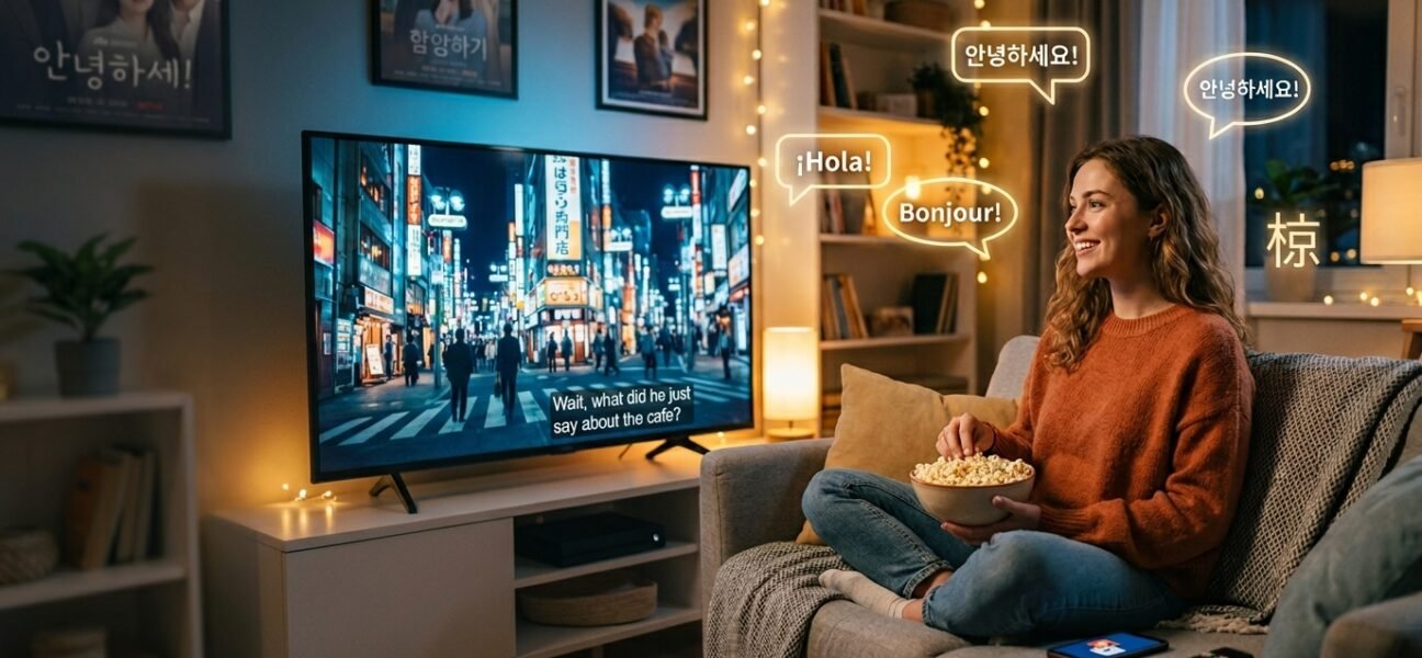 Person watching foreign movies and TV shows with subtitles on a television while learning different languages in a cozy living room.