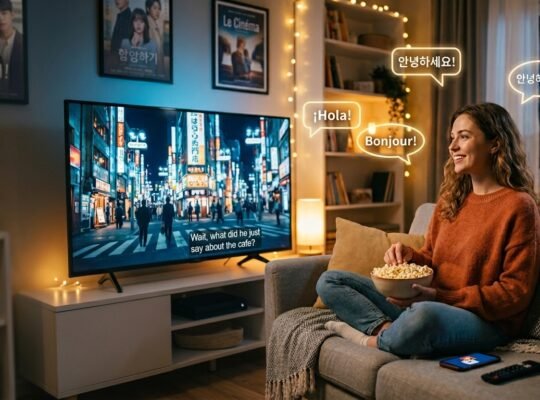 Person watching foreign movies and TV shows with subtitles on a television while learning different languages in a cozy living room.