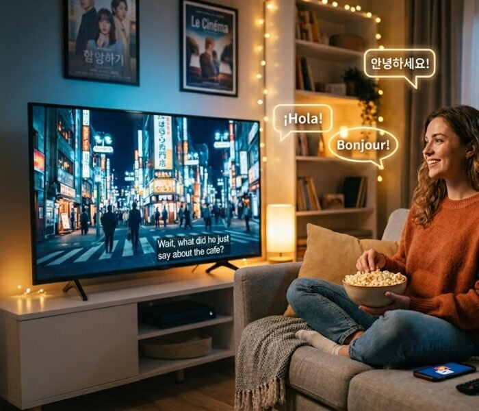 Person watching foreign movies and TV shows with subtitles on a television while learning different languages in a cozy living room.