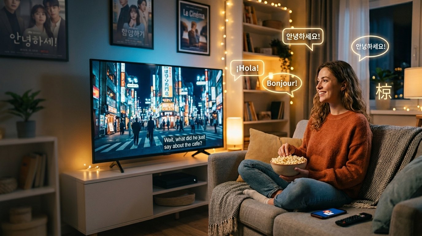 Person watching foreign movies and TV shows with subtitles on a television while learning different languages in a cozy living room.