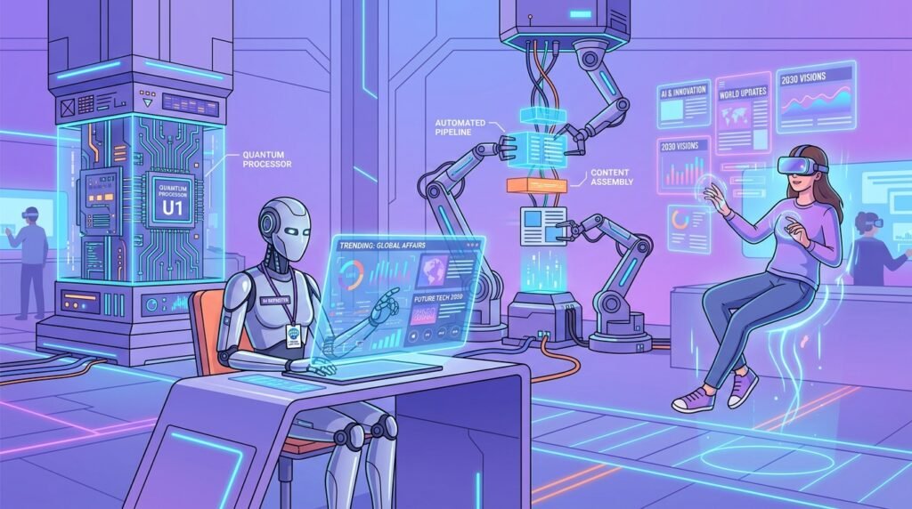  Future of technology news illustration showing AI journalism robotics quantum computing and augmented reality
