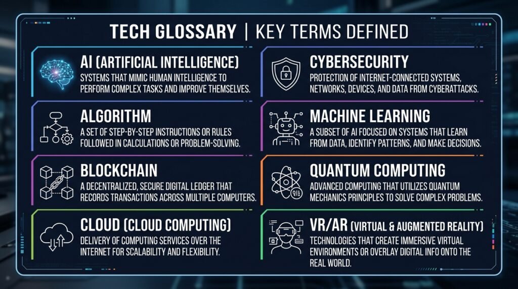 Technology news beginner glossary infographic defining AI algorithm blockchain cloud cybersecurity and more
