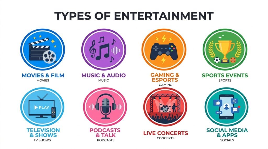 Infographic showing the main types of entertainment including movies, music, gaming, sports, TV, podcasts, live events, and social media content