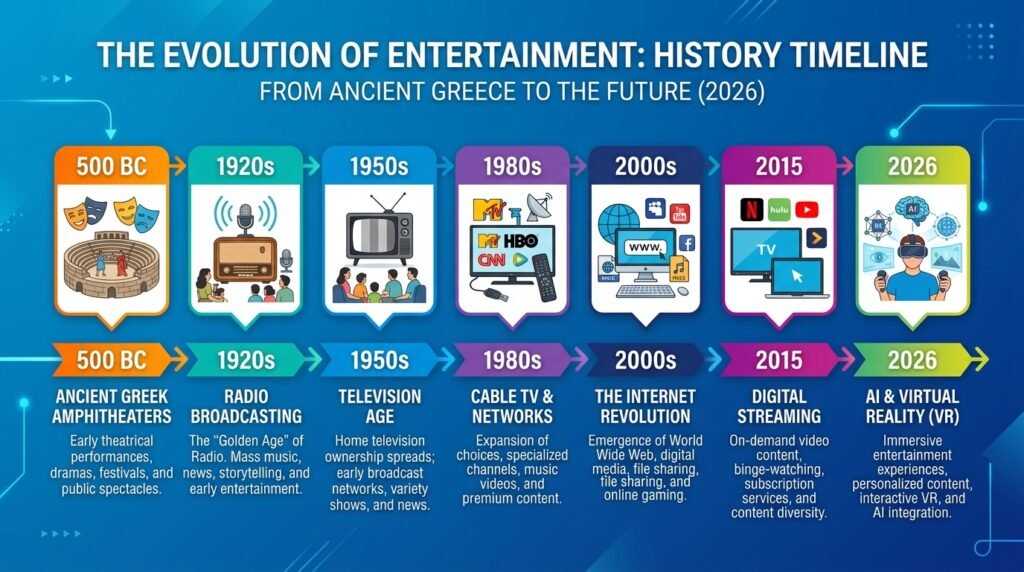 Timeline of entertainment history from ancient amphitheaters to AI-powered streaming in 2026