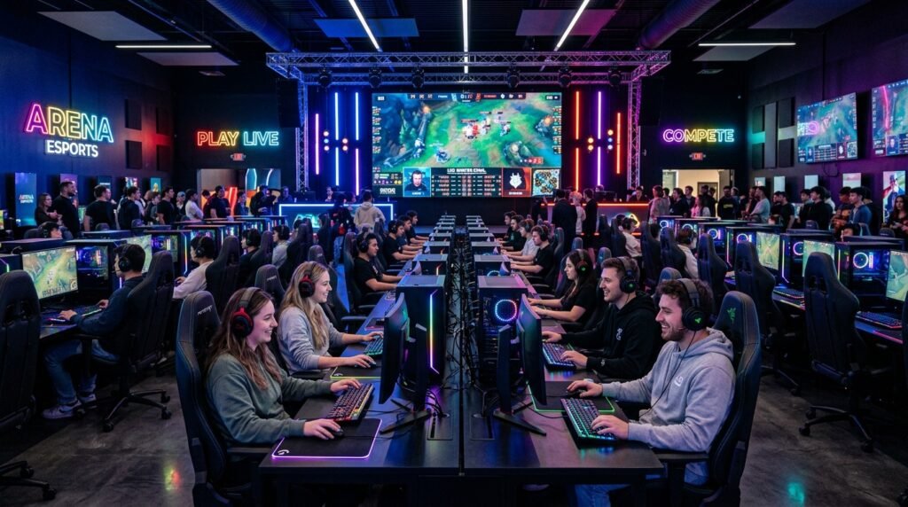 Gaming entertainment center with esports setups showcasing modern gaming culture