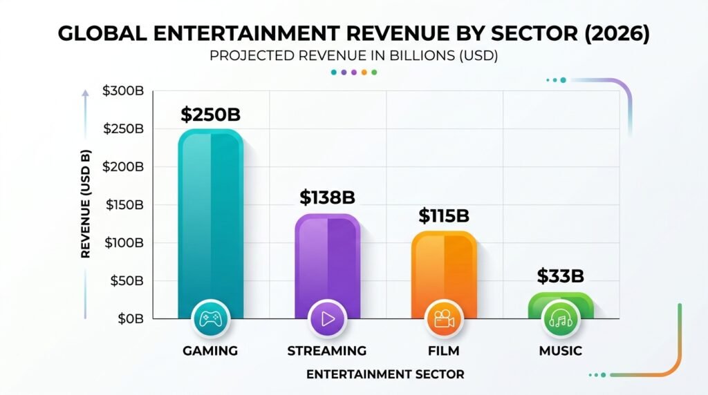 Bar chart showing global entertainment industry revenue by sector in 2026