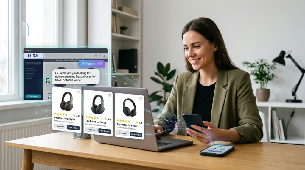 AI-powered guided buying assistant helping an online shopper find personalized product recommendations through a smart eCommerce platform.