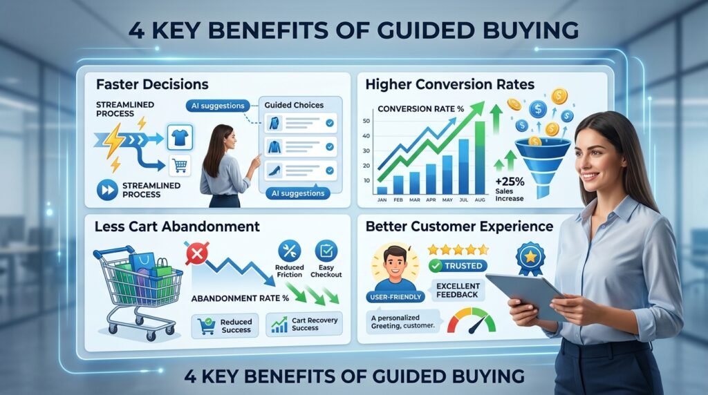 Guided buying benefits showing faster purchase decisions, higher conversion rates, reduced cart abandonment, and improved customer experience in eCommerce.