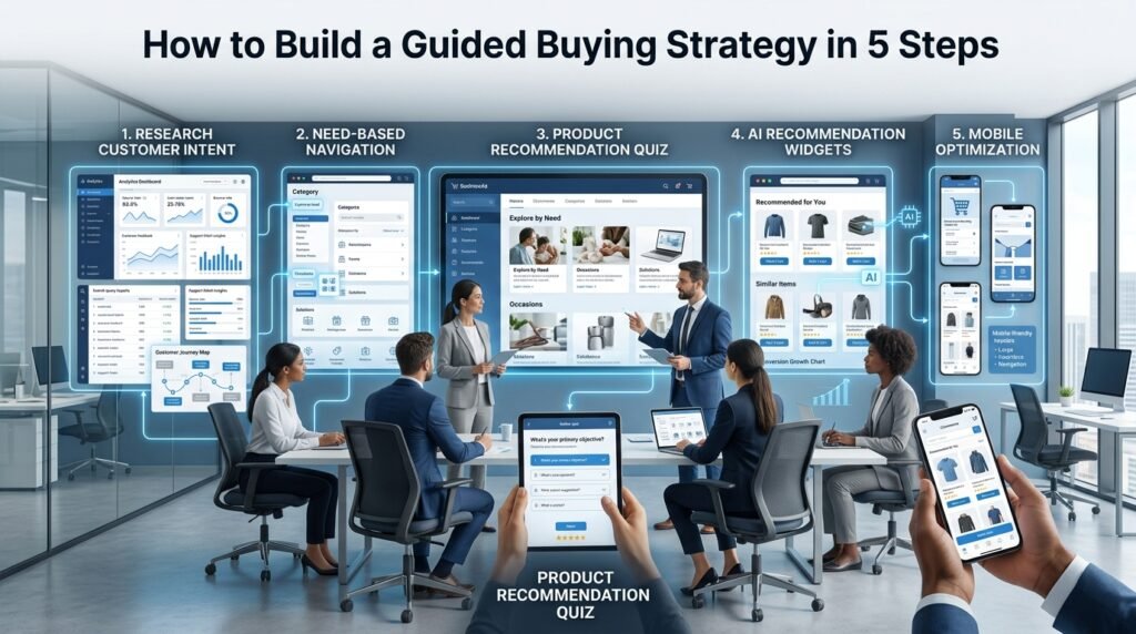 Five-step guided buying strategy showing customer intent research, need-based navigation, product recommendation quizzes, AI recommendations, and mobile optimization.