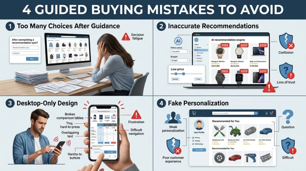 Common guided buying mistakes including too many product choices, inaccurate recommendations, poor mobile design, and ineffective personalization.