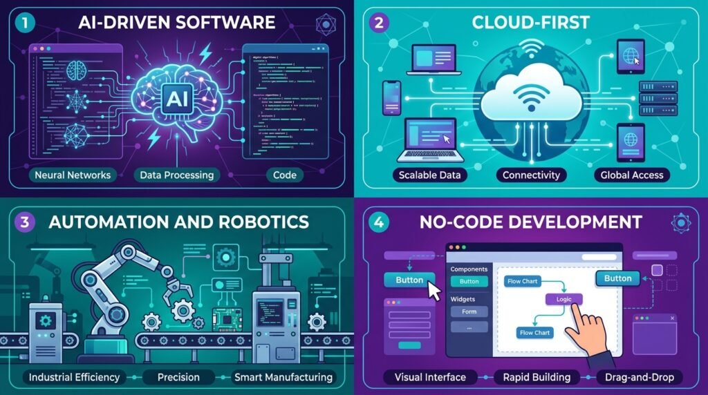 Future of software 2026 AI cloud automation no-code low-code trends