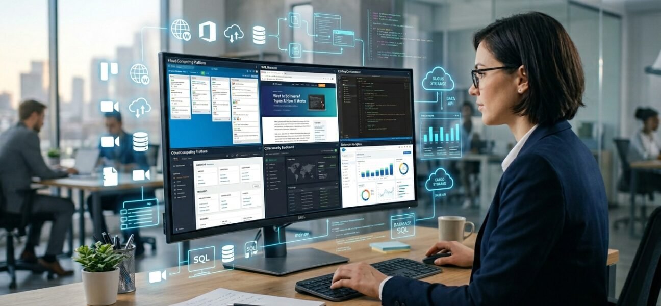 Modern computer displaying different software applications, cloud services, and digital tools illustrating how software works in 2026.