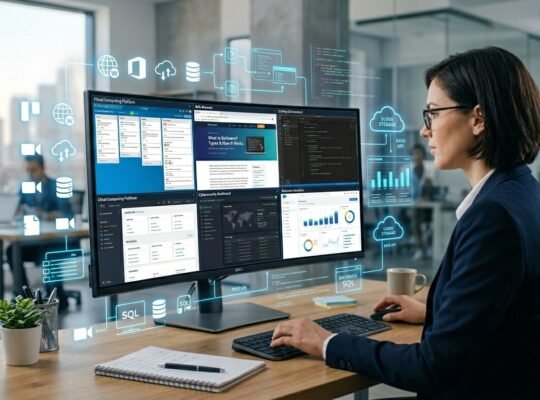 Modern computer displaying different software applications, cloud services, and digital tools illustrating how software works in 2026.