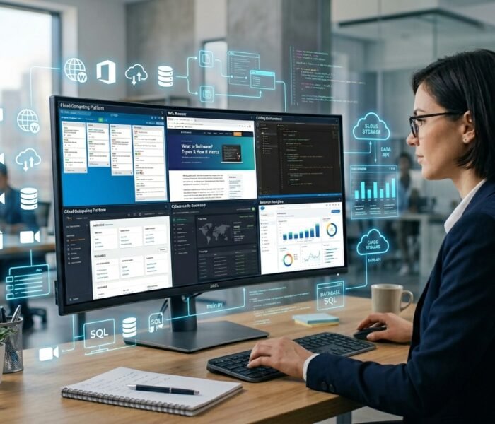 Modern computer displaying different software applications, cloud services, and digital tools illustrating how software works in 2026.