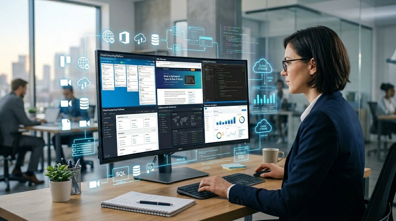 Modern computer displaying different software applications, cloud services, and digital tools illustrating how software works in 2026.