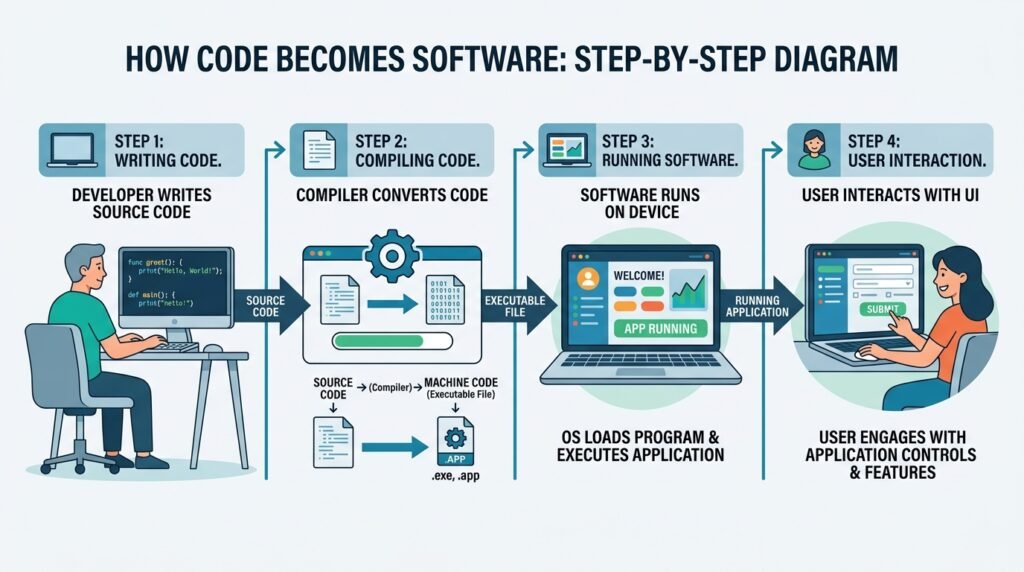 How software works step by step diagram from code to user interface