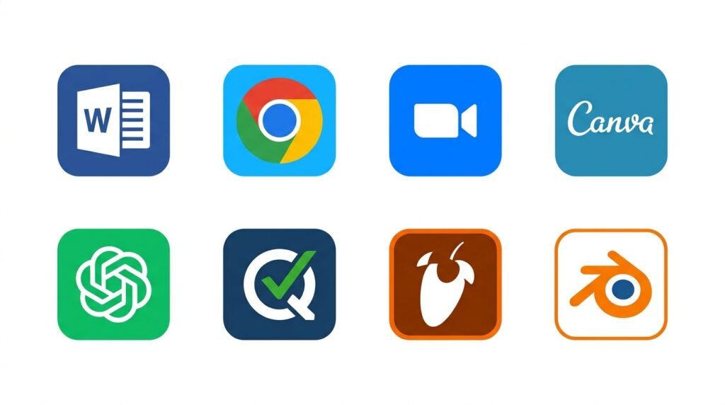 Examples of popular software apps icons 2026 productivity creative communication