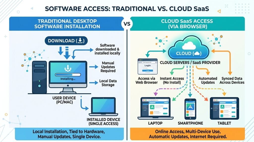 SaaS vs traditional software comparison diagram cloud software explained