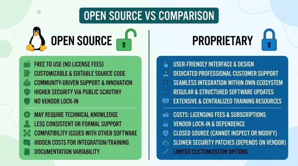 Open source vs proprietary software comparison infographic pros and cons