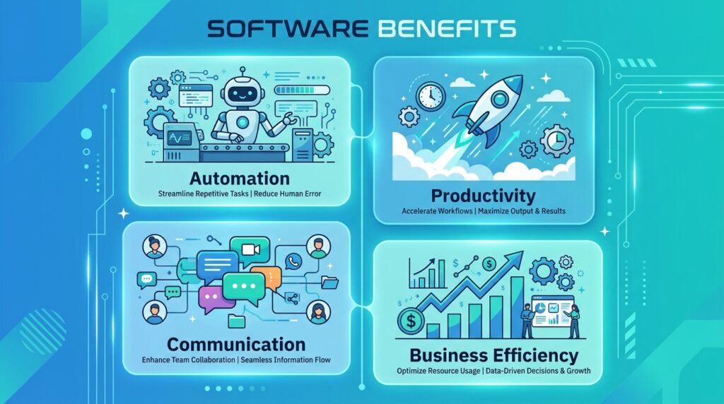 Benefits of software infographic automation productivity communication efficiency
