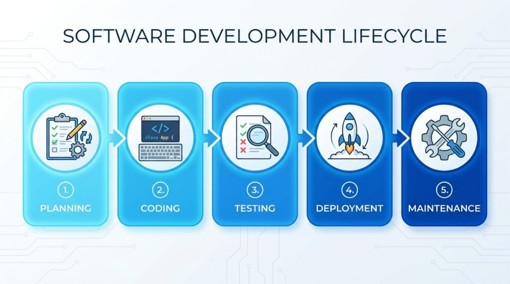 Software development lifecycle diagram five steps planning coding testing deployment maintenance