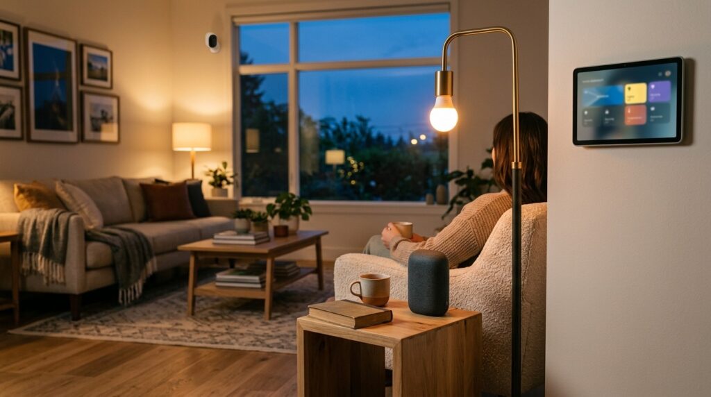 Modern living room with smart speaker, smart lighting, tablet, and security camera