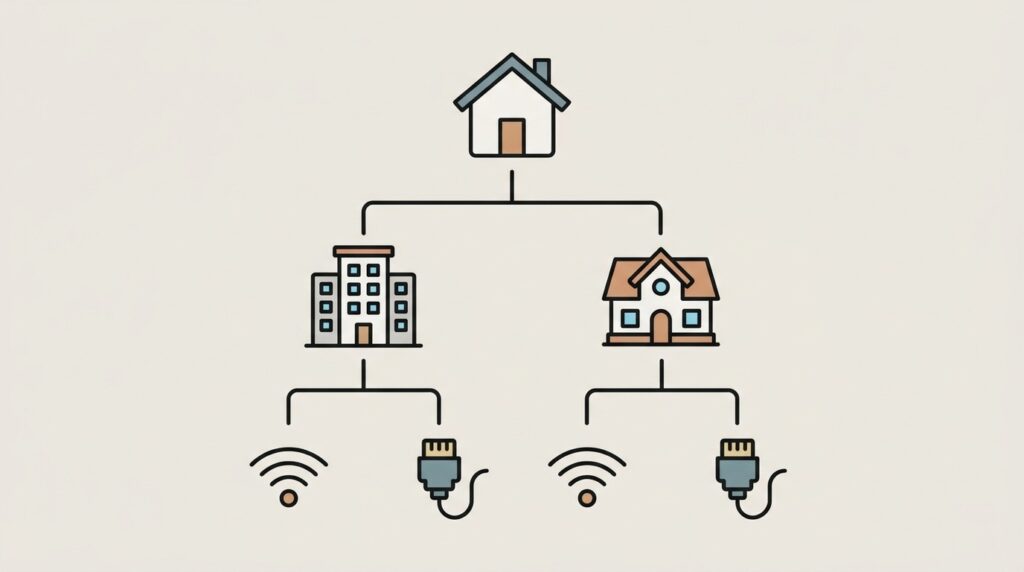Smart home decision tree with house, apartment, wireless, and wired connection icons
