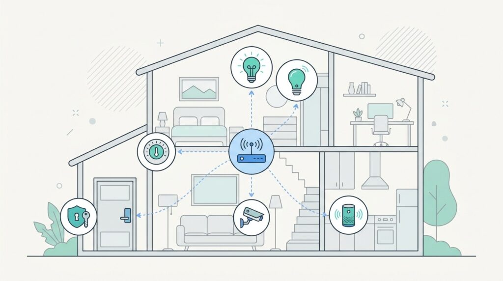 Smart home network diagram with connected device icons and central hub