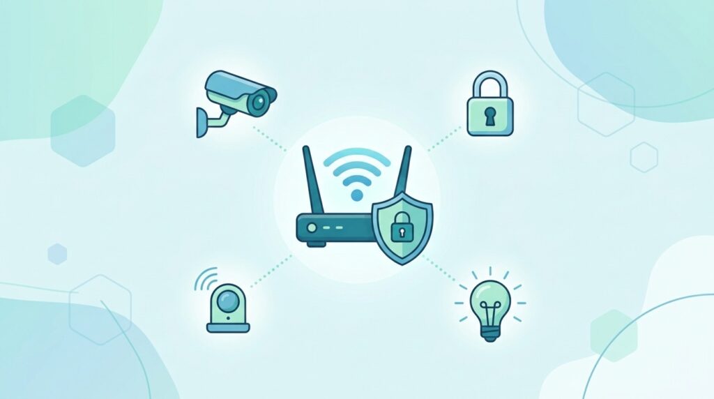 Secure smart home Wi-Fi router with connected device icons