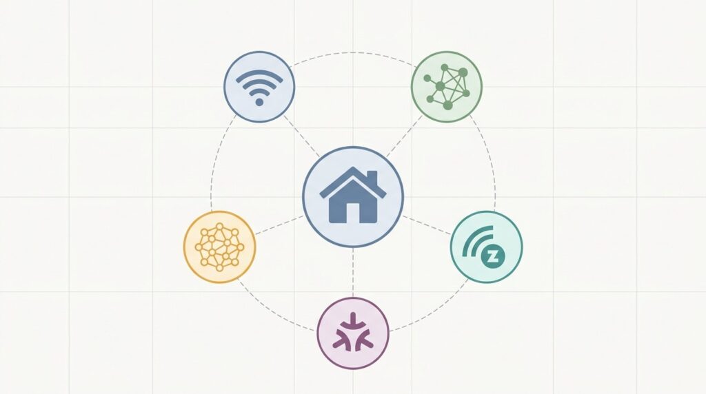 Smart home network diagram with Wi-Fi, Zigbee, Z-Wave, Thread, and Matter icons