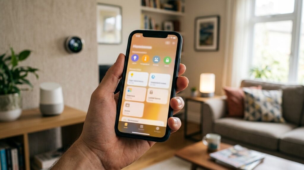 Hand holding smartphone with smart home app in a modern connected living room