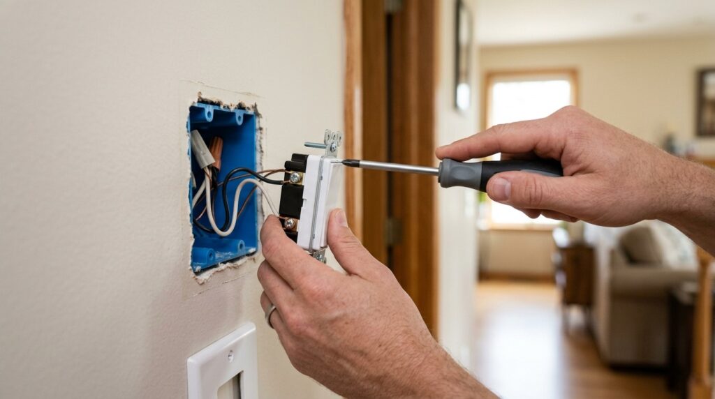 Hands installing a smart light switch with a screwdriver in a modern home